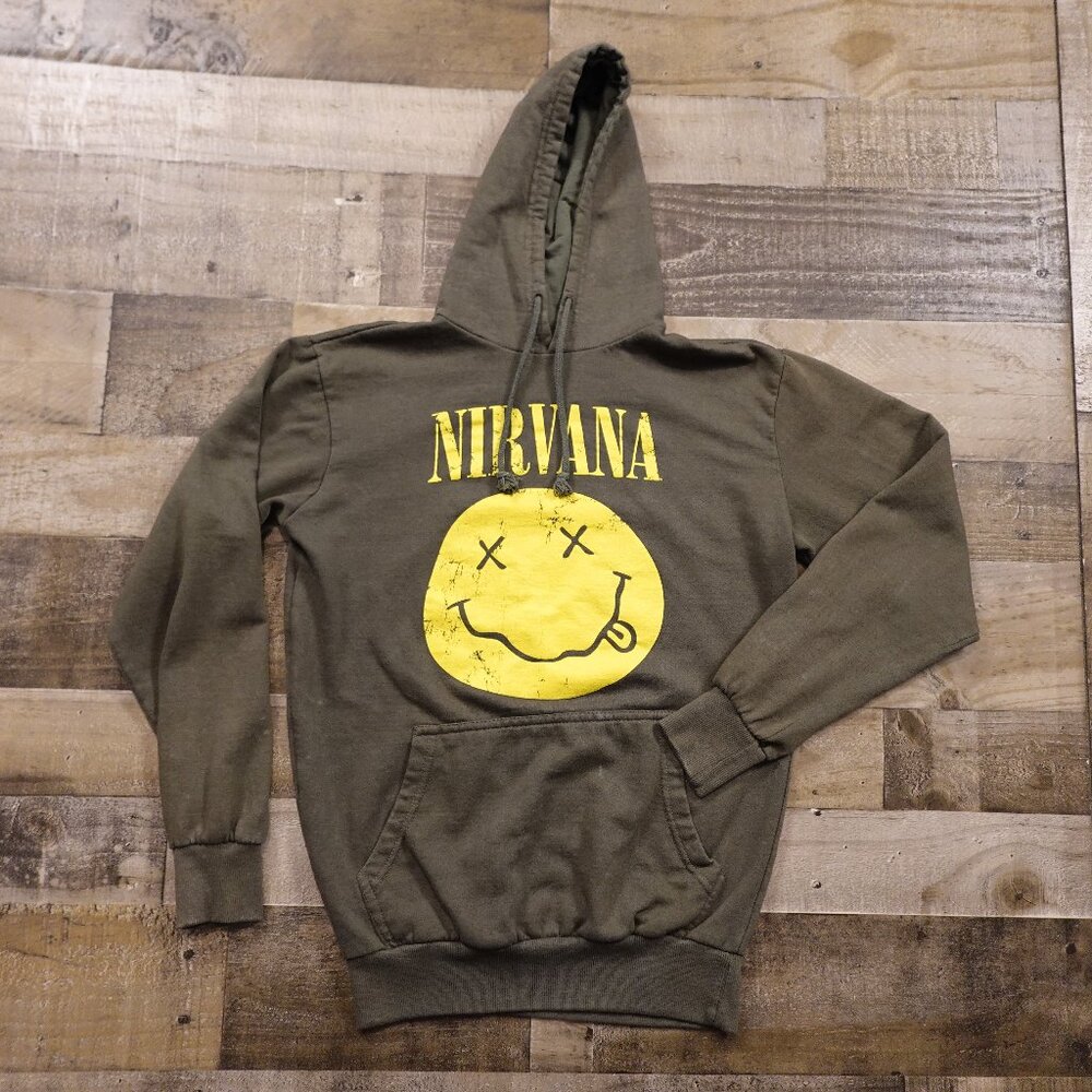 Nirvana Smiley Face Hoodie Unisex Small Olive Green Grunge‎ Pullover